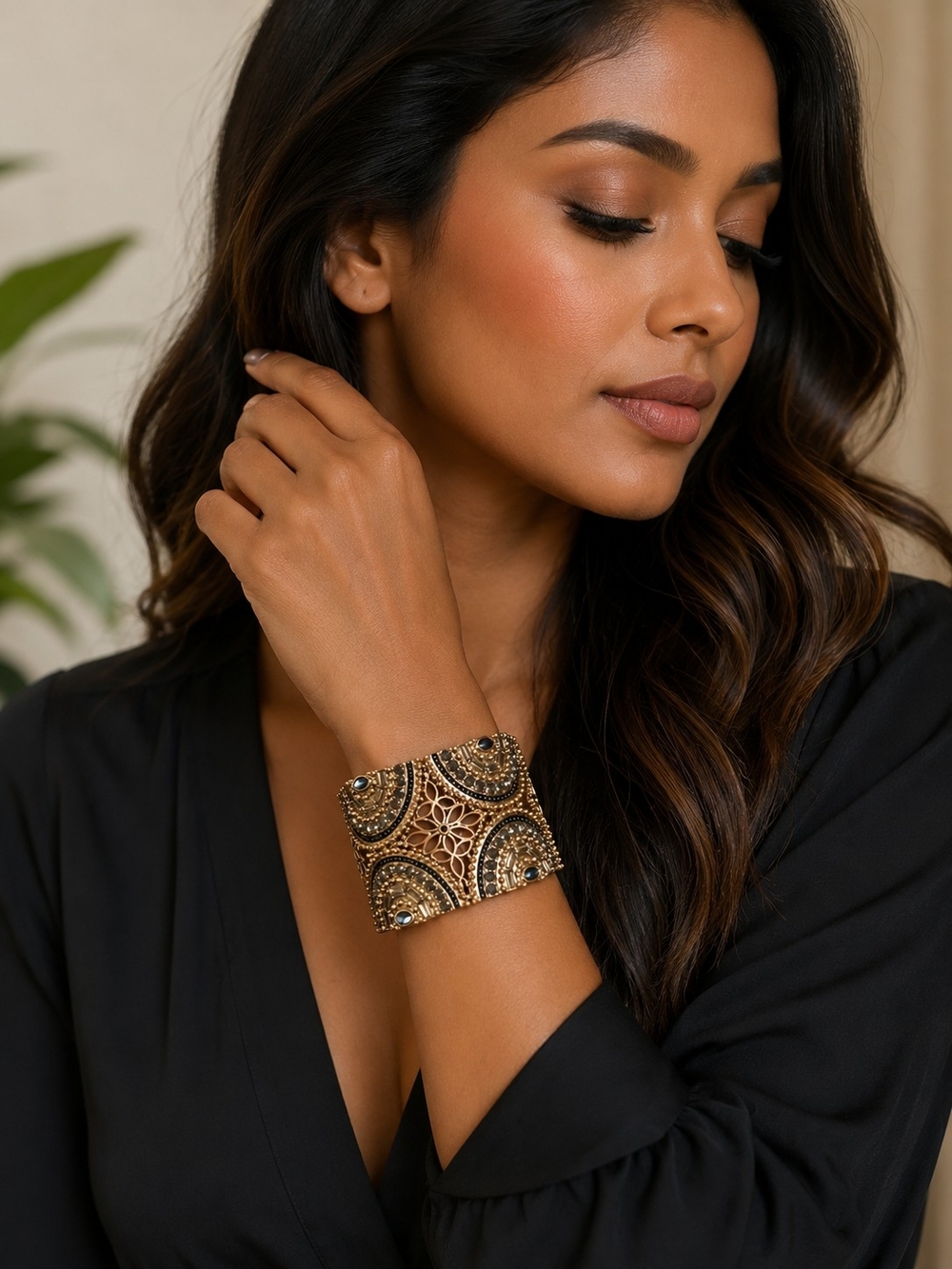 Ornate Gold Filigree Stretch Cuff Bracelet - Women Jewelry